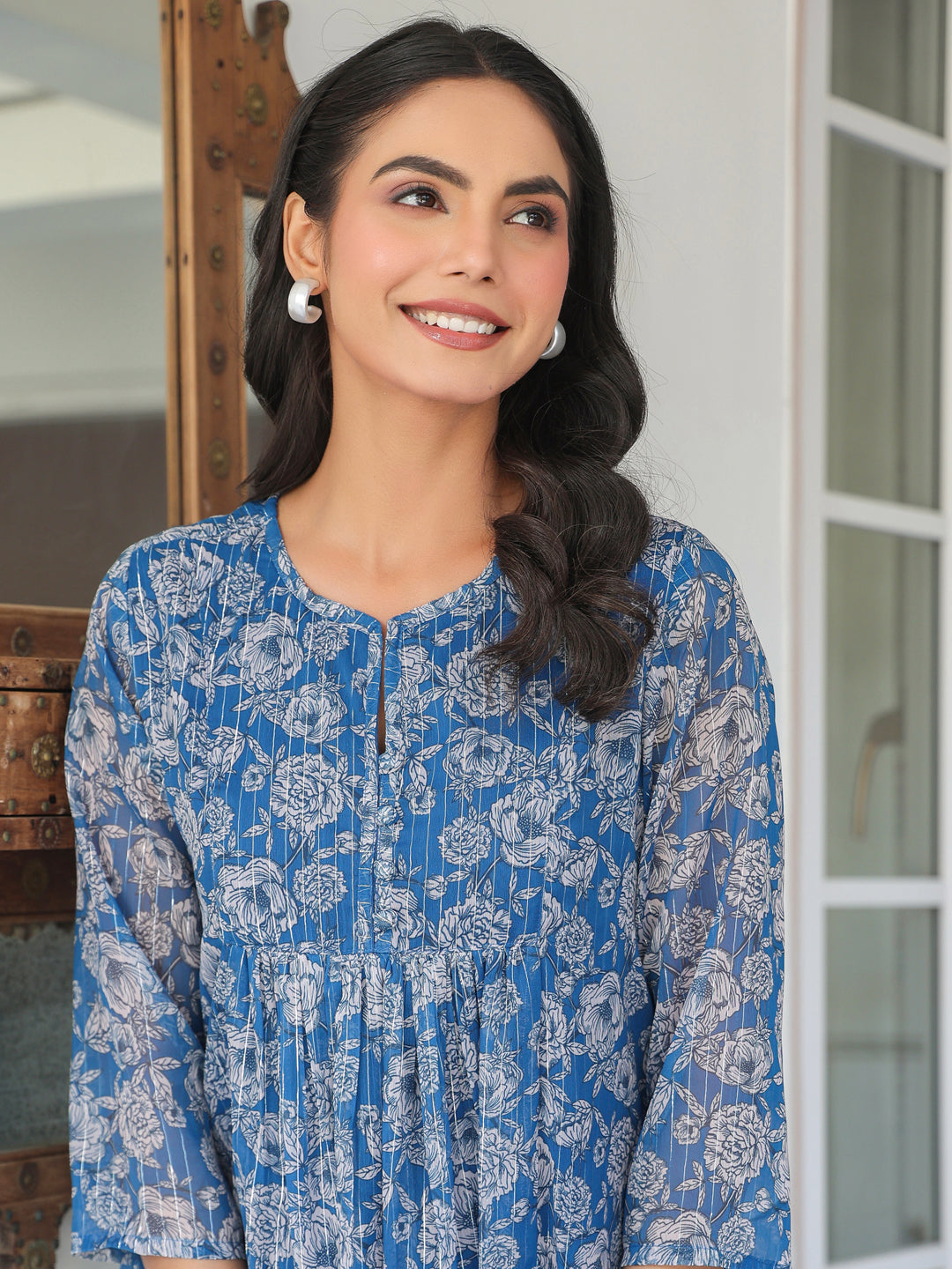 Janasya Dark Chiffon Floral A-Line Kurta 