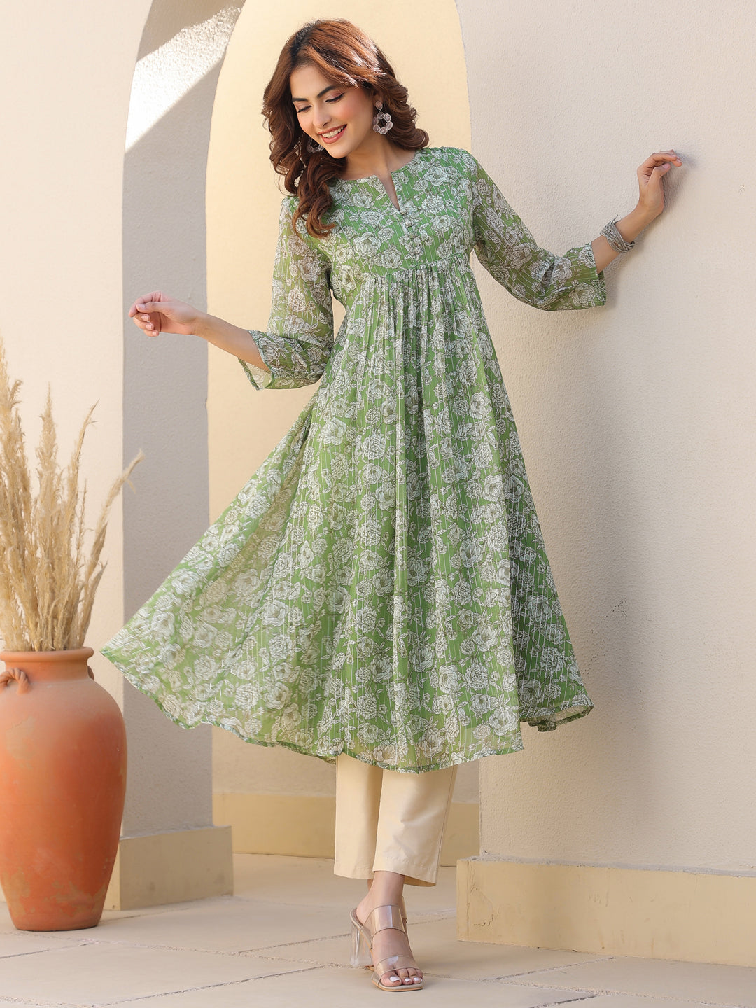 Janasya Dark Chiffon Floral A-Line Kurta 
