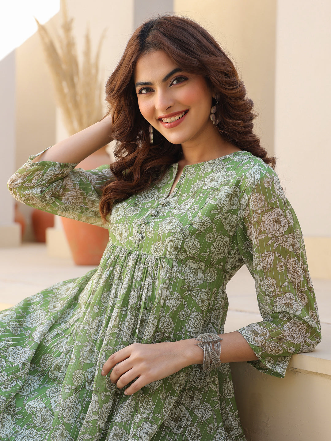 Janasya Dark Chiffon Floral A-Line Kurta 