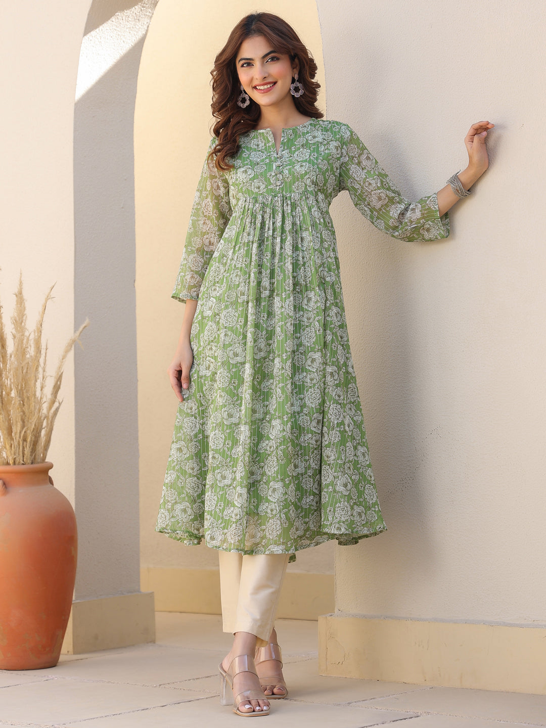 Janasya Dark Chiffon Floral A-Line Kurta 