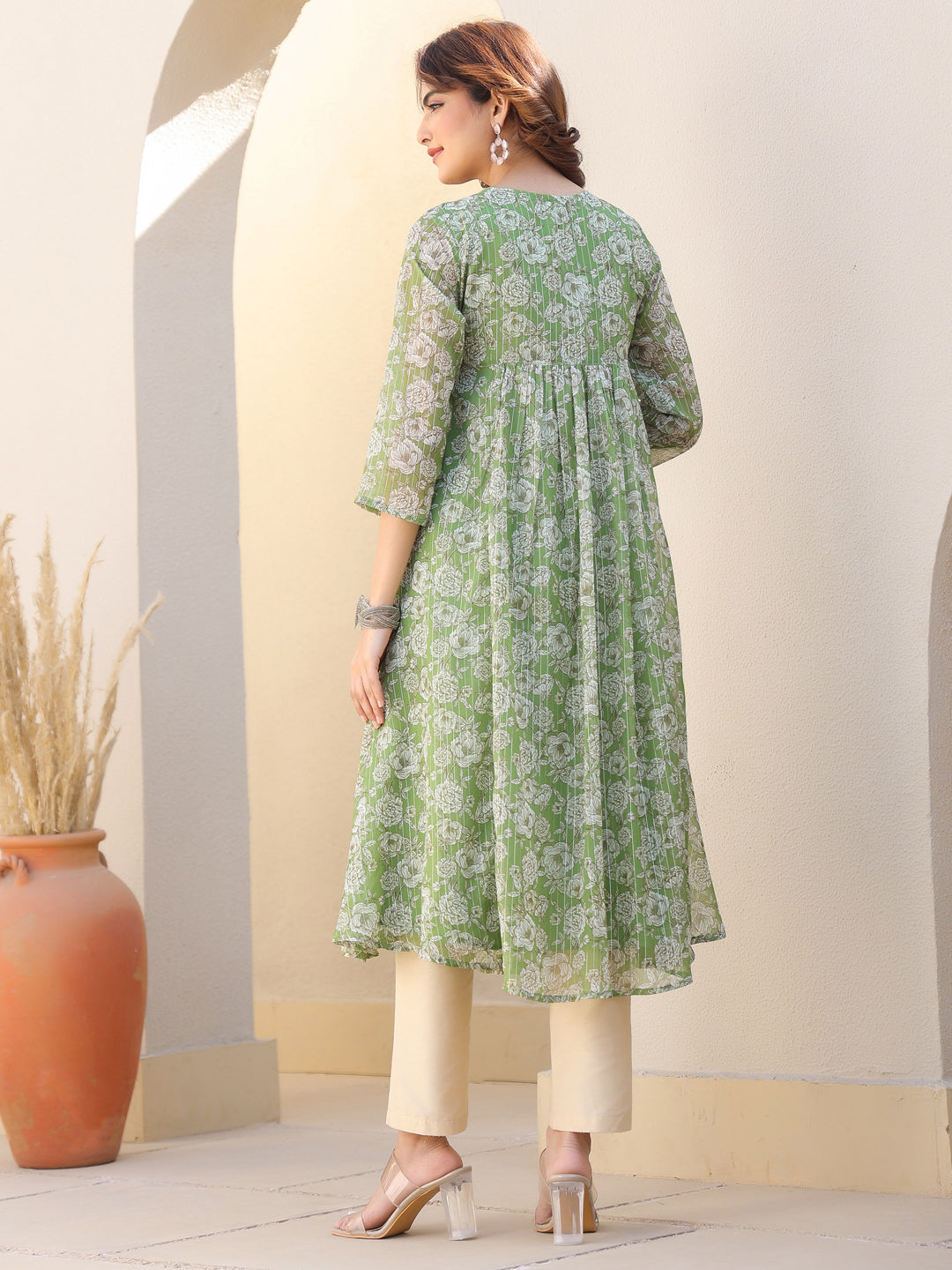Janasya Dark Chiffon Floral A-Line Kurta 