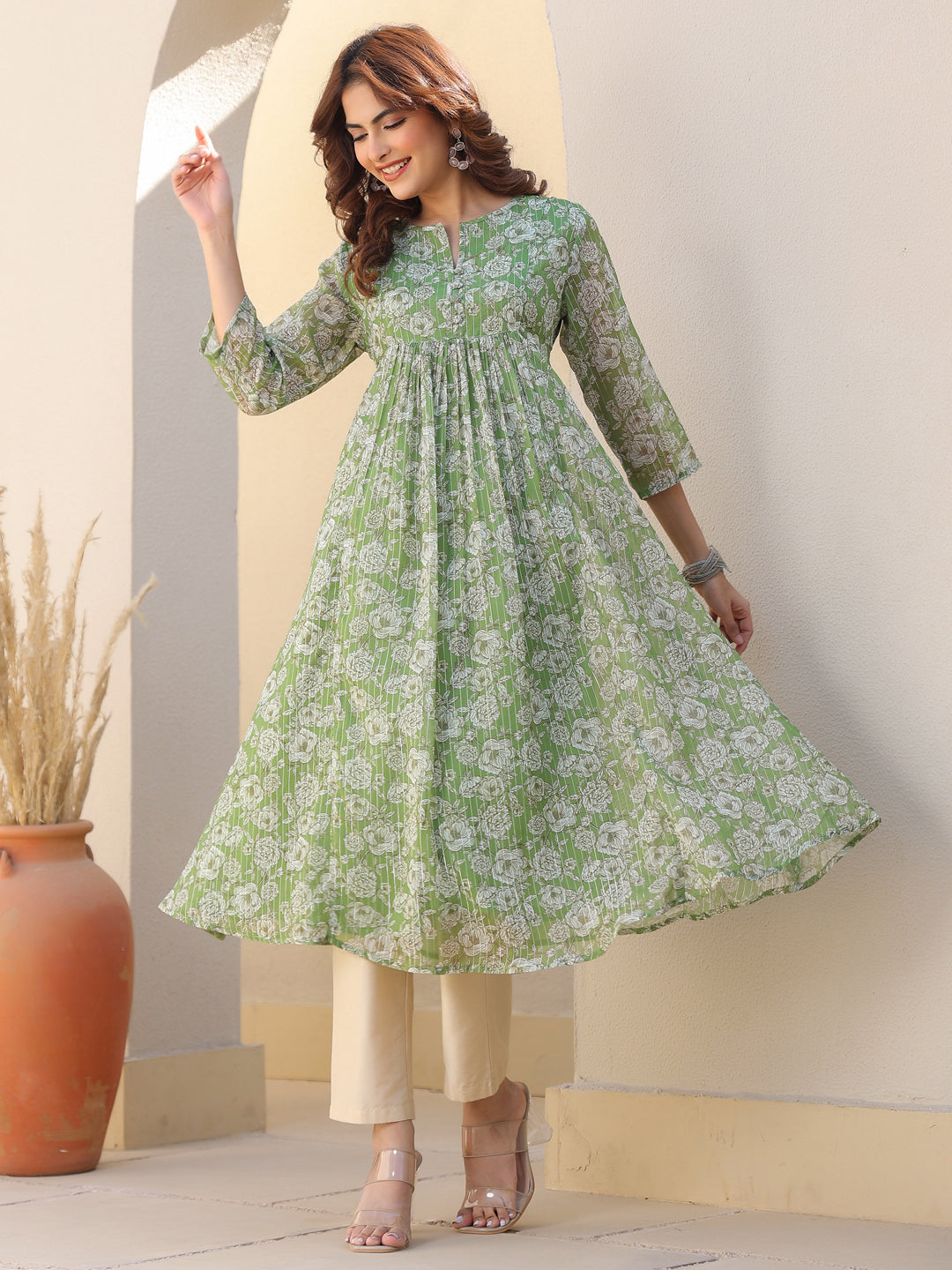 Janasya Dark Chiffon Floral A-Line Kurta 