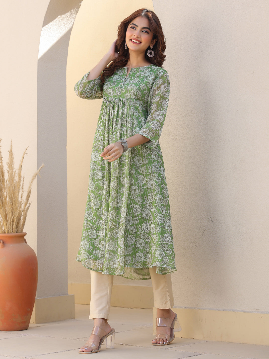 Janasya Dark Chiffon Floral A-Line Kurta 