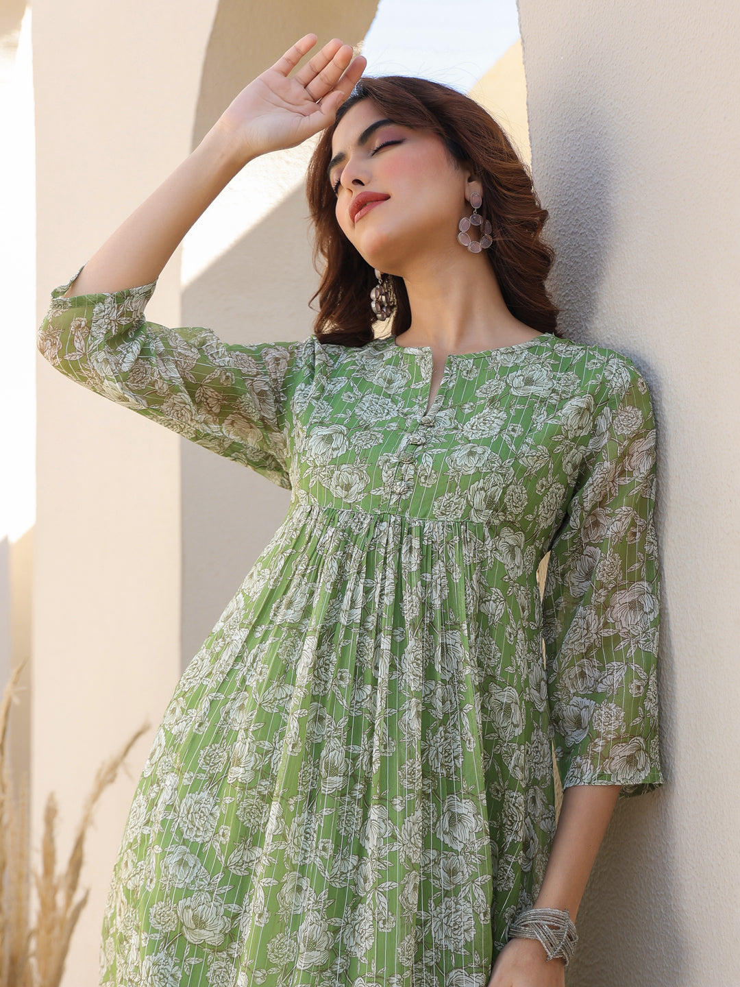 Janasya Dark Chiffon Floral A-Line Kurta 