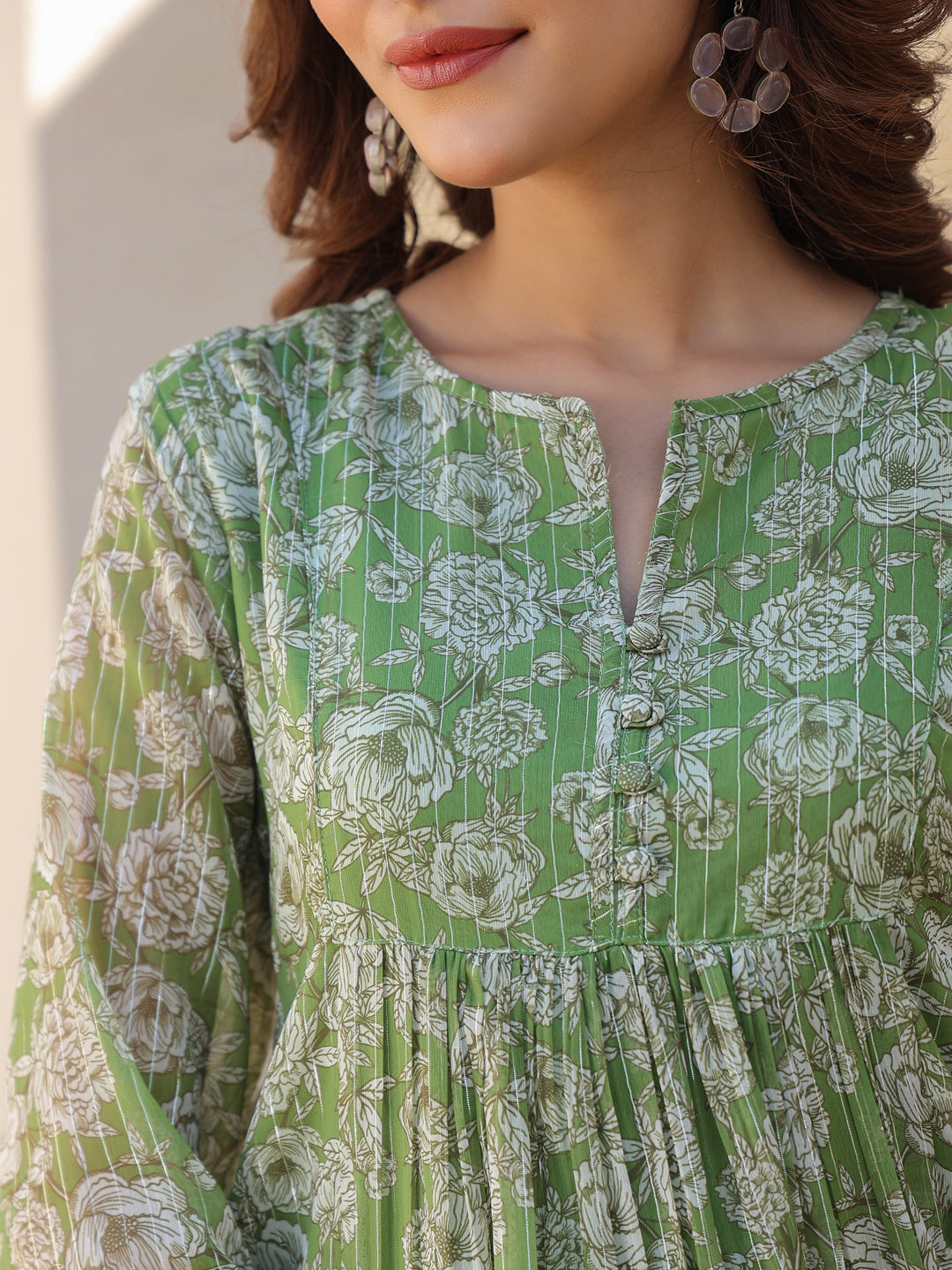 Janasya Dark Chiffon Floral A-Line Kurta 