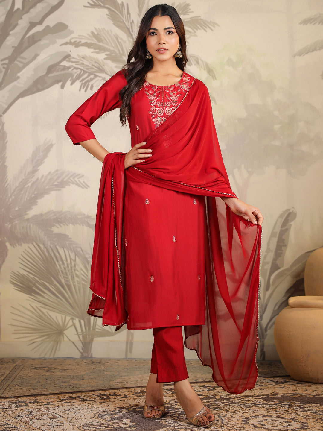 Janasya Dark Chanderi Embroidered Straight Kurta Set 