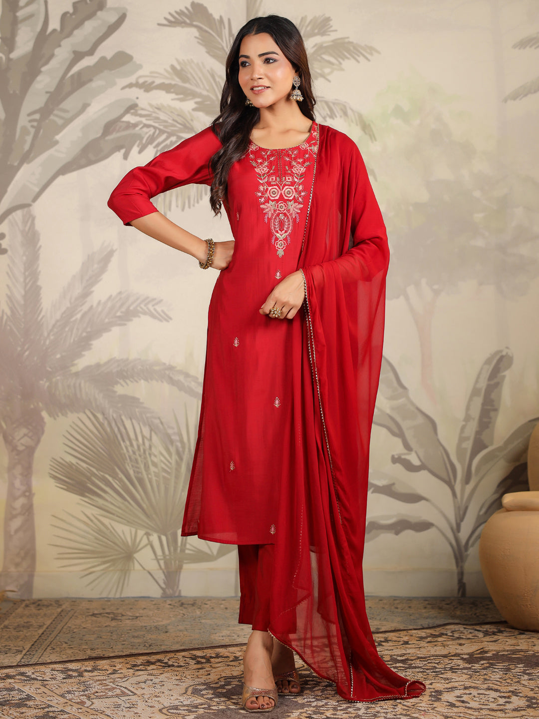 Janasya Dark Chanderi Embroidered Straight Kurta Set 