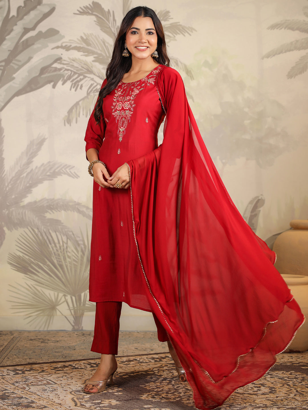 Janasya Dark Chanderi Embroidered Straight Kurta Set 