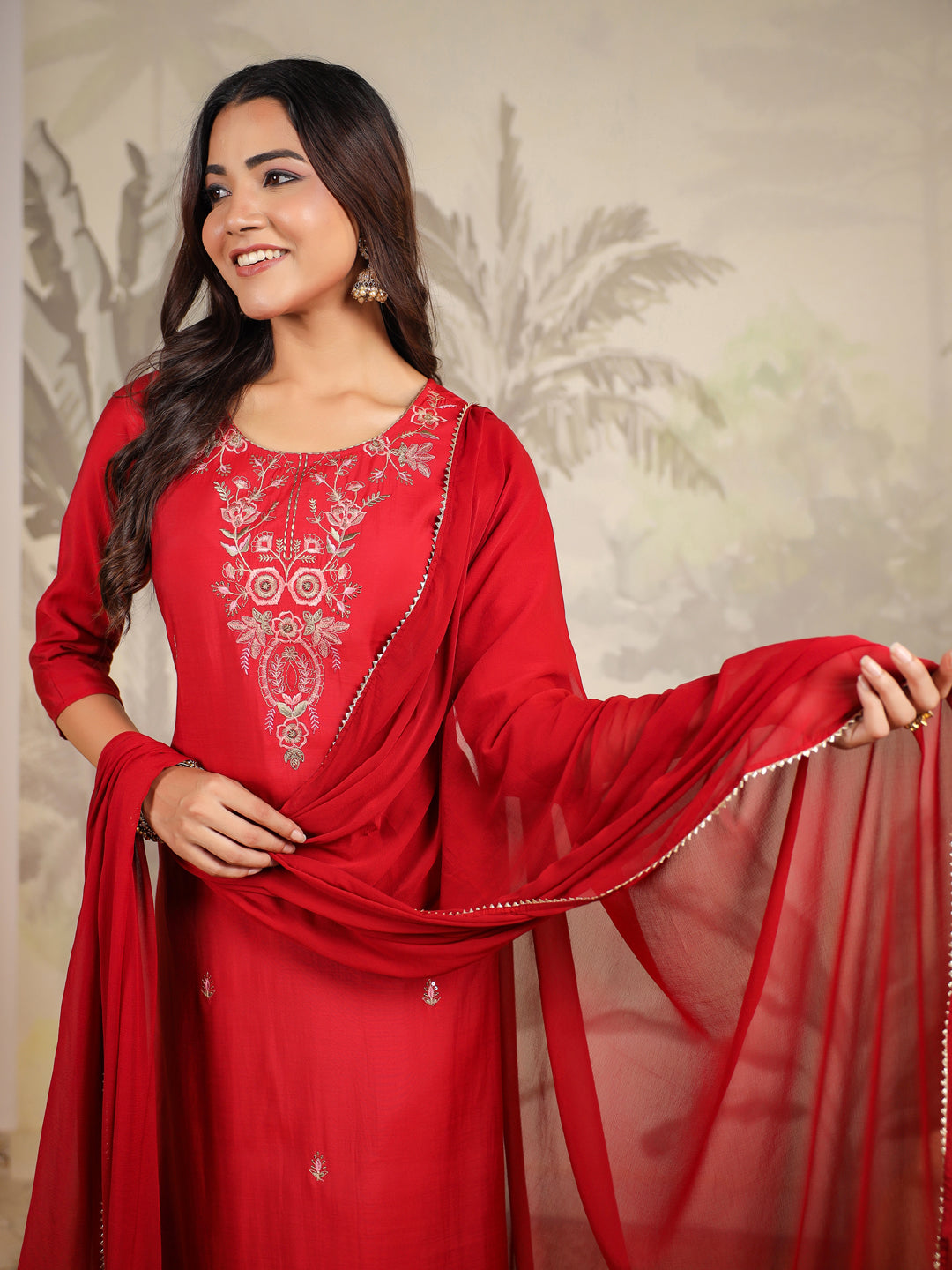 Janasya Dark Chanderi Embroidered Straight Kurta Set 