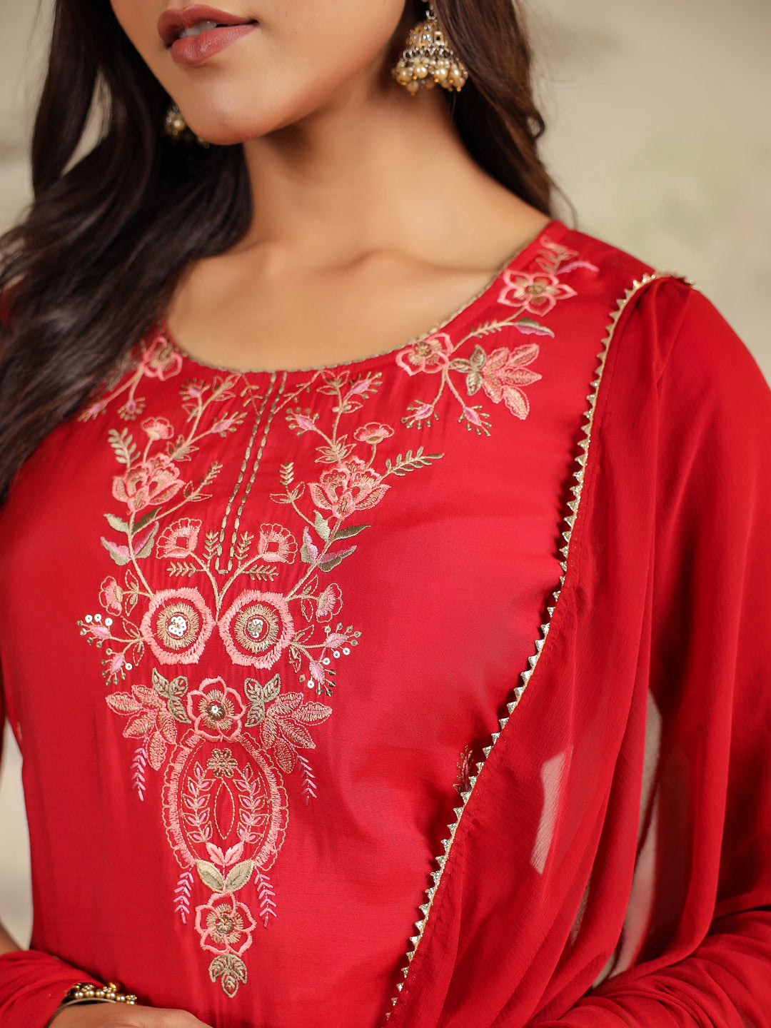 Janasya Dark Chanderi Embroidered Straight Kurta Set 