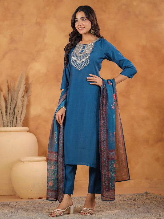 Janasya Dark Silk Blend Yoke Embroidery Straight Kurta Set 