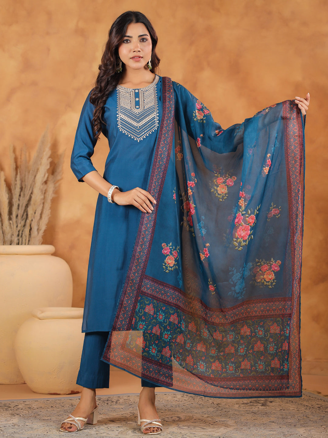 Janasya Dark Silk Blend Yoke Embroidery Straight Kurta Set 