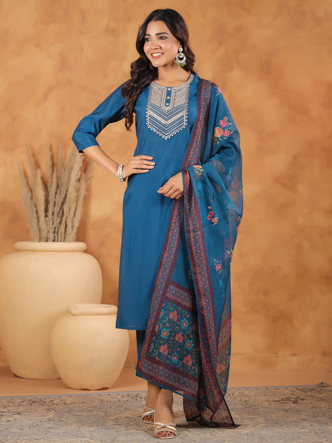 Janasya Dark Silk Blend Yoke Embroidery Straight Kurta Set 