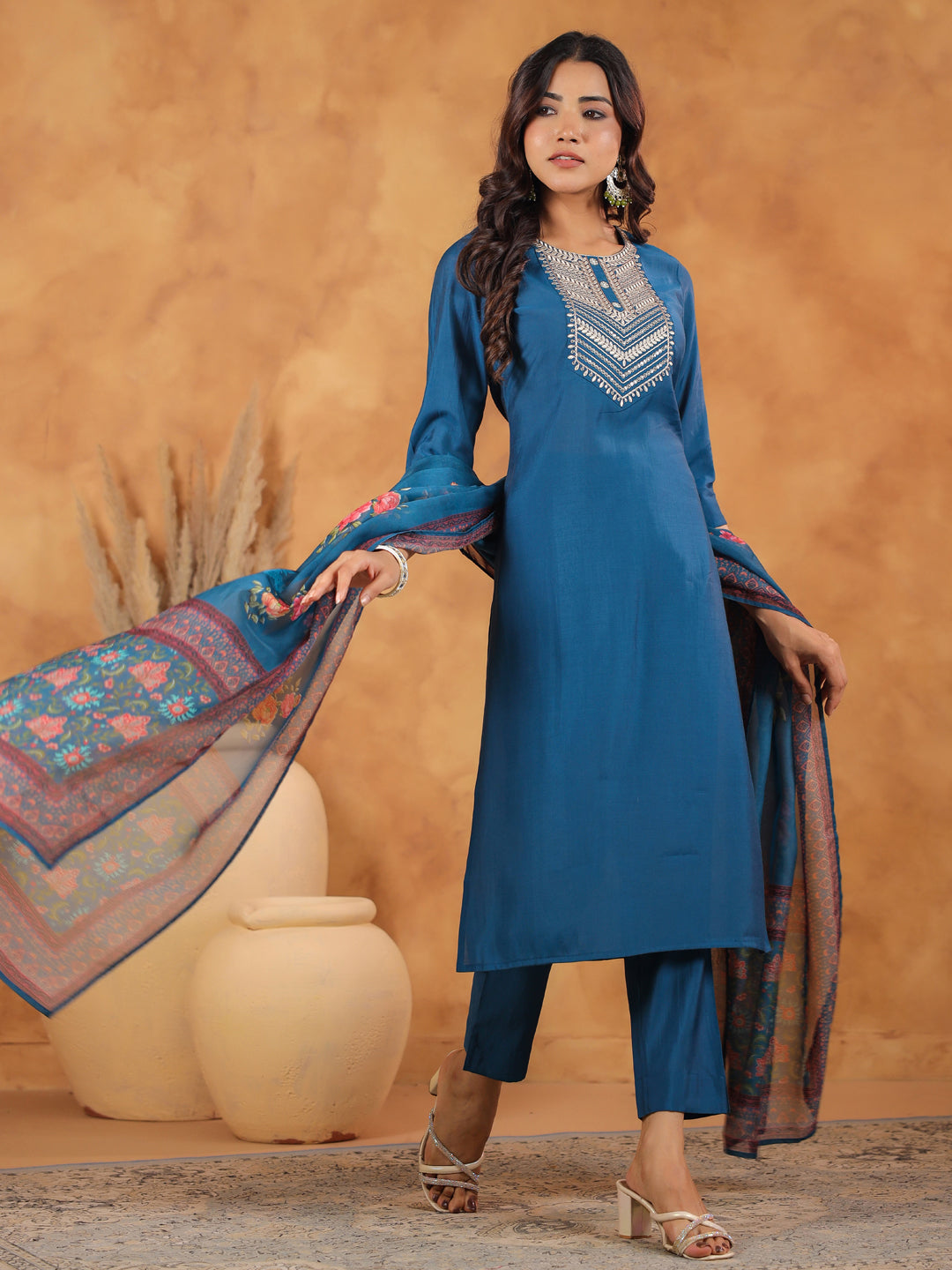 Janasya Dark Silk Blend Yoke Embroidery Straight Kurta Set 