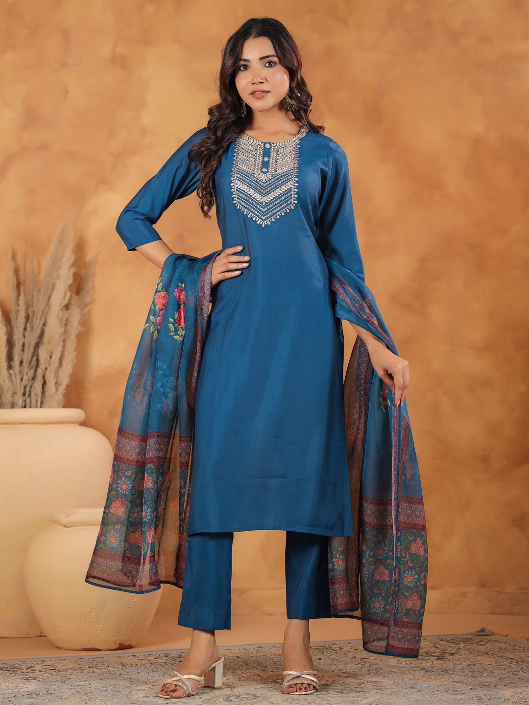Janasya Dark Silk Blend Yoke Embroidery Straight Kurta Set 