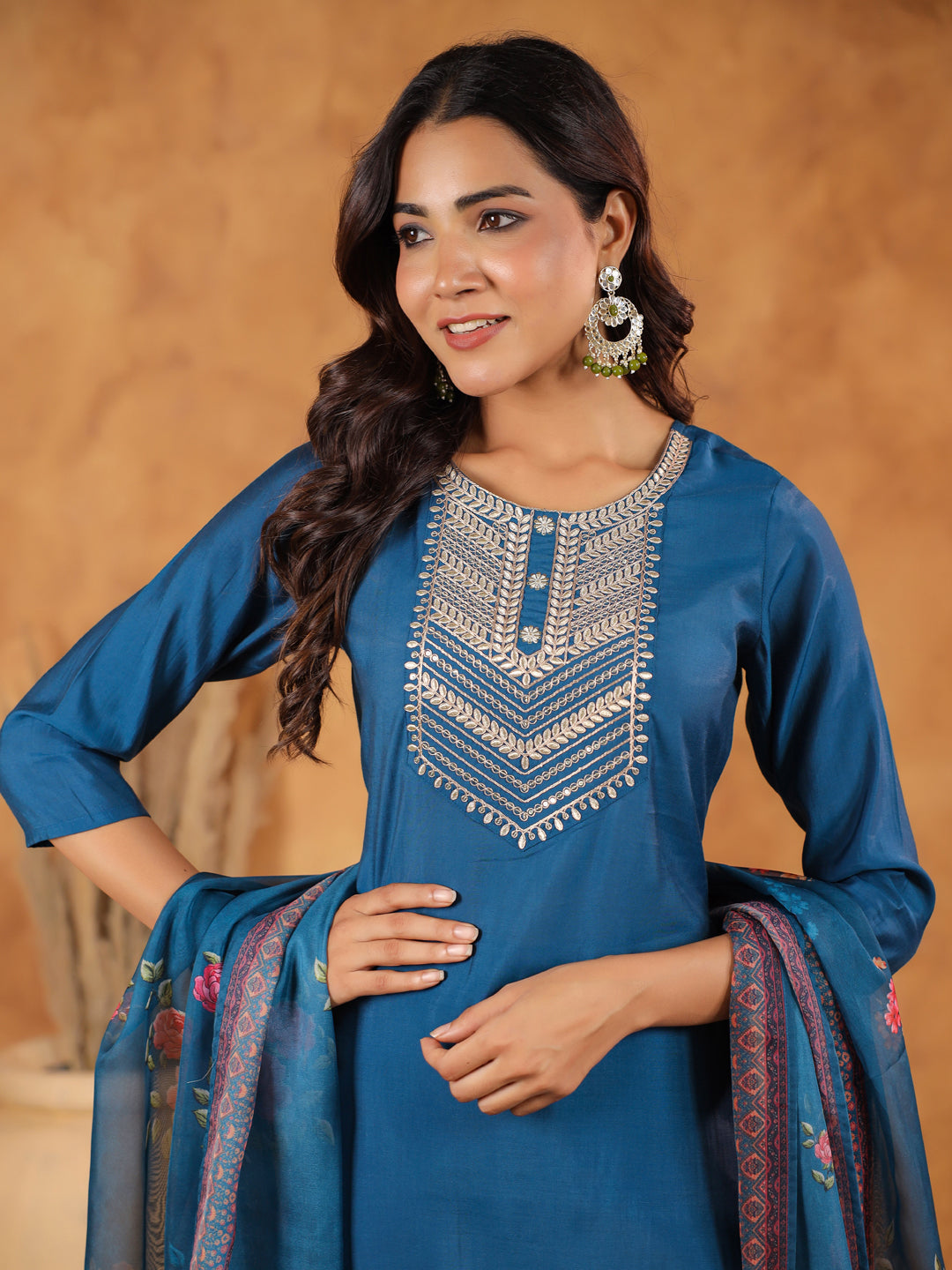 Janasya Dark Silk Blend Yoke Embroidery Straight Kurta Set 