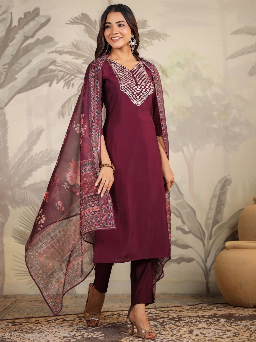 Janasya Dark Chanderi Yoke Embroidery Straight Kurta Set 