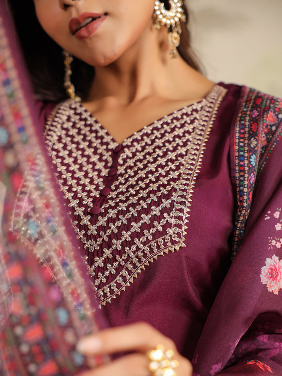 Janasya Dark Chanderi Yoke Embroidery Straight Kurta Set 