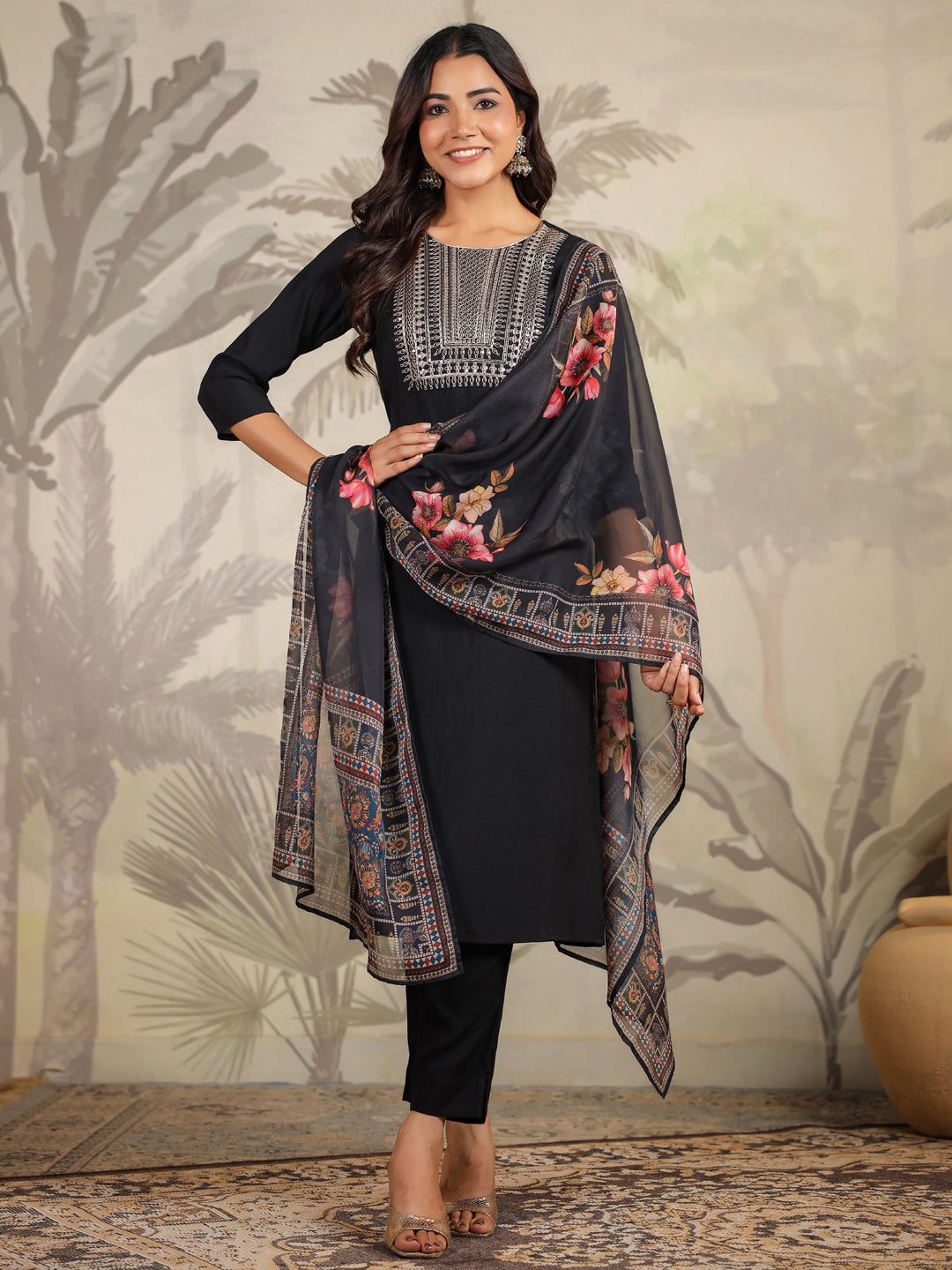 Janasya Dark Chanderi Yoke Embroidery Straight Kurta Set 