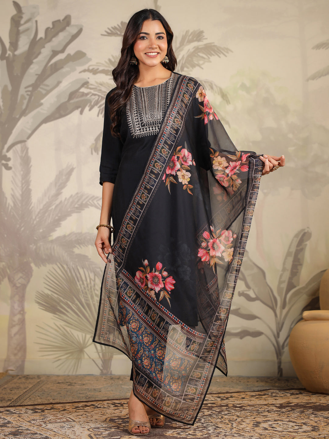 Janasya Dark Chanderi Yoke Embroidery Straight Kurta Set 