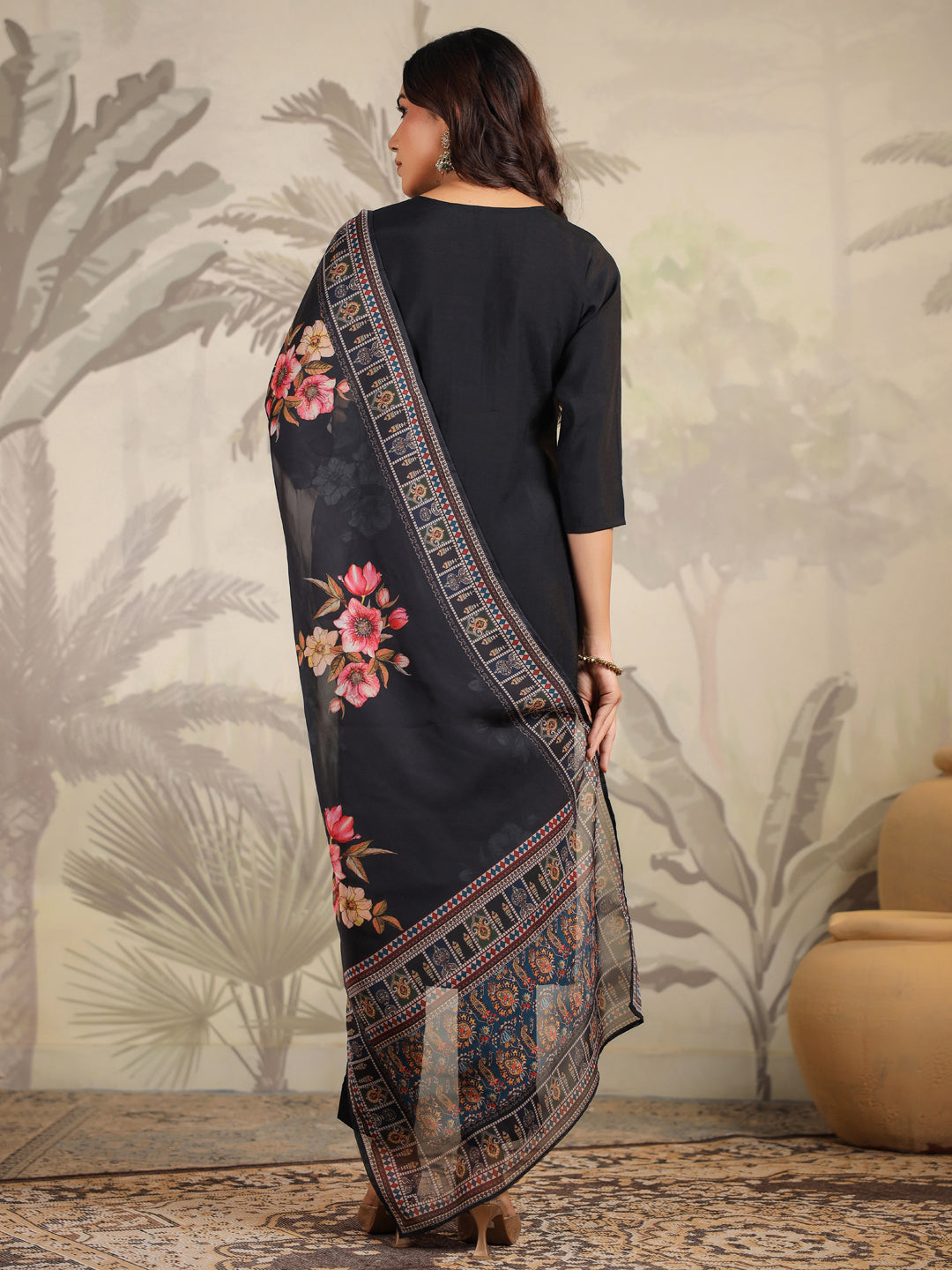 Janasya Dark Chanderi Yoke Embroidery Straight Kurta Set 