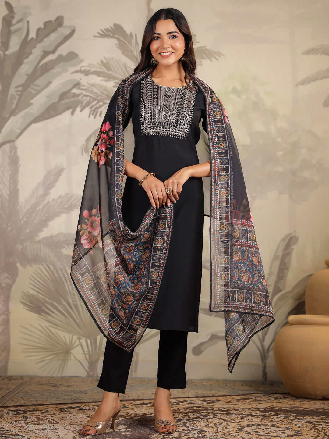 Janasya Dark Chanderi Yoke Embroidery Straight Kurta Set 