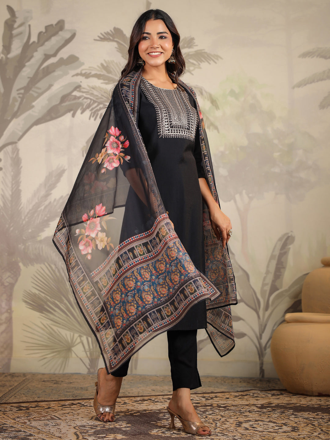Janasya Dark Chanderi Yoke Embroidery Straight Kurta Set 