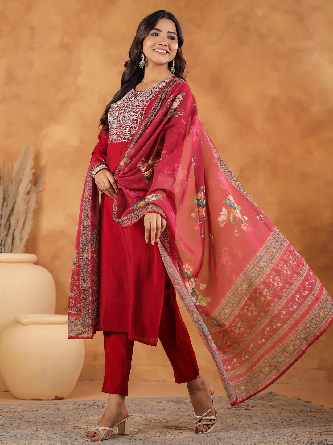 Janasya Dark Chanderi Yoke Embroidery Straight Kurta Set 
