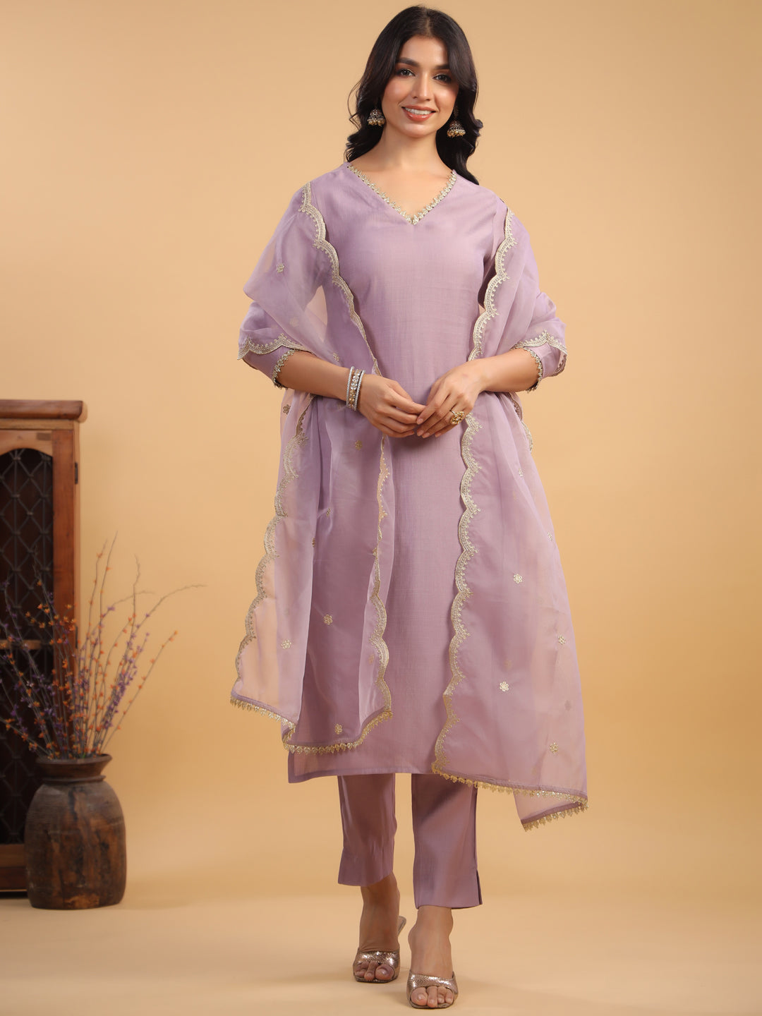 Janasya Light Chanderi Solid Straight Kurta Set 