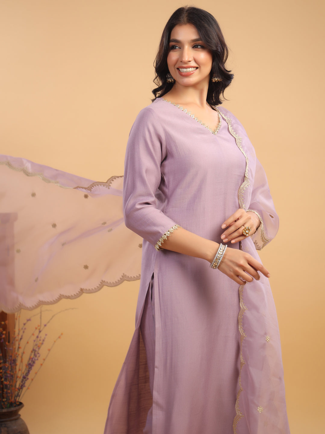 Janasya Light Chanderi Solid Straight Kurta Set 