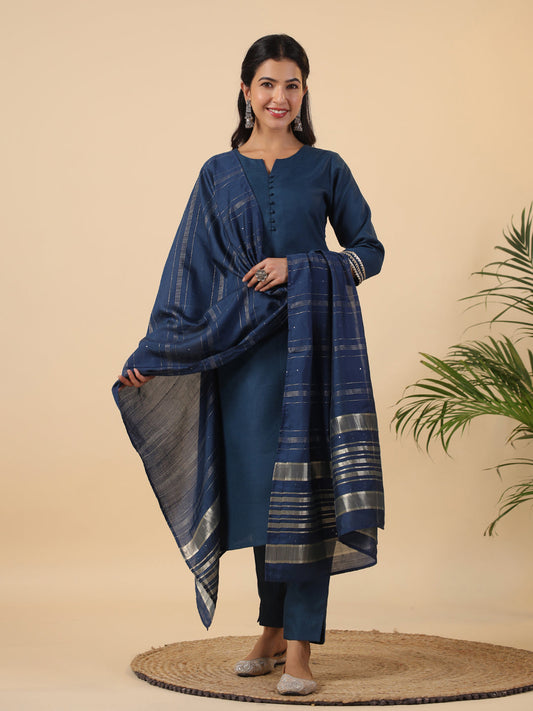 Janasya Dark Cotton Blend Solid Straight Kurta Set 