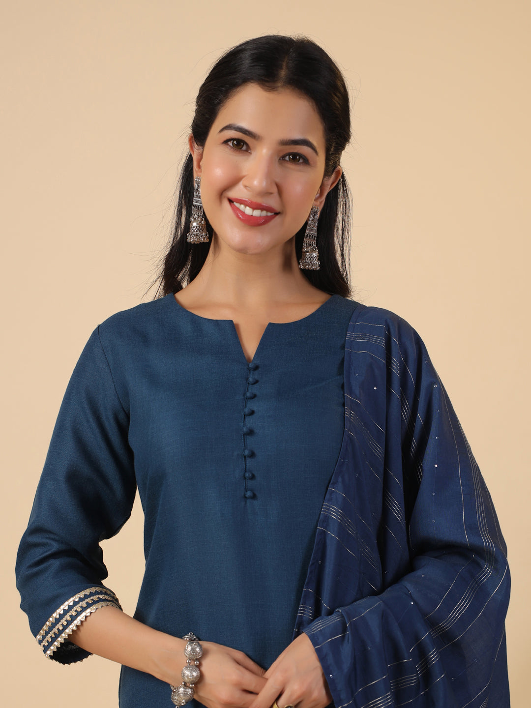 Janasya Dark Cotton Blend Solid Straight Kurta Set 