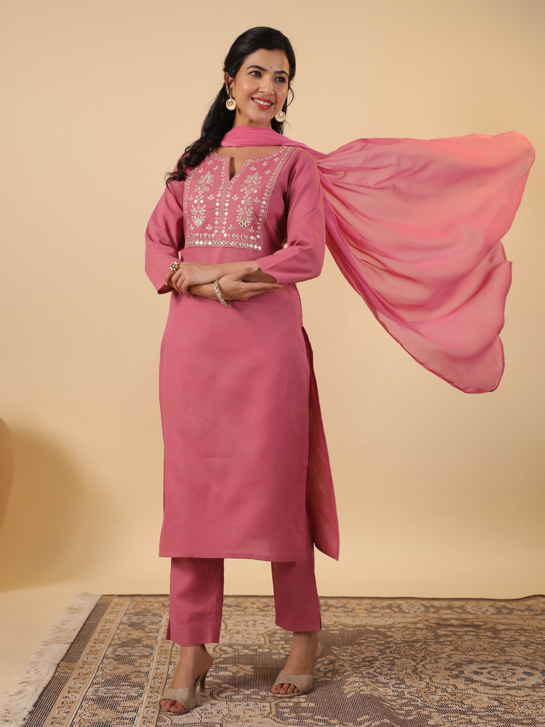 Janasya Light Cotton Blend Yoke Embroidery Straight Kurta Set 