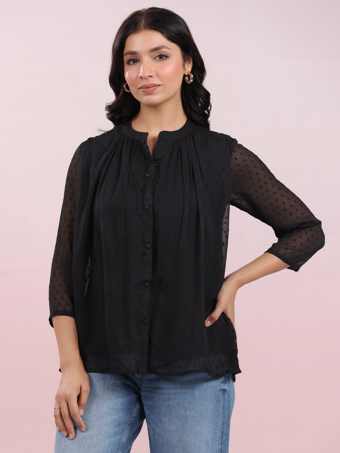 Janasya Dark Dobby Chiffon Solid Regular Top 