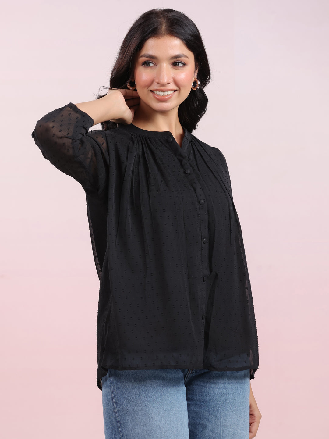 Janasya Dark Dobby Chiffon Solid Regular Top 