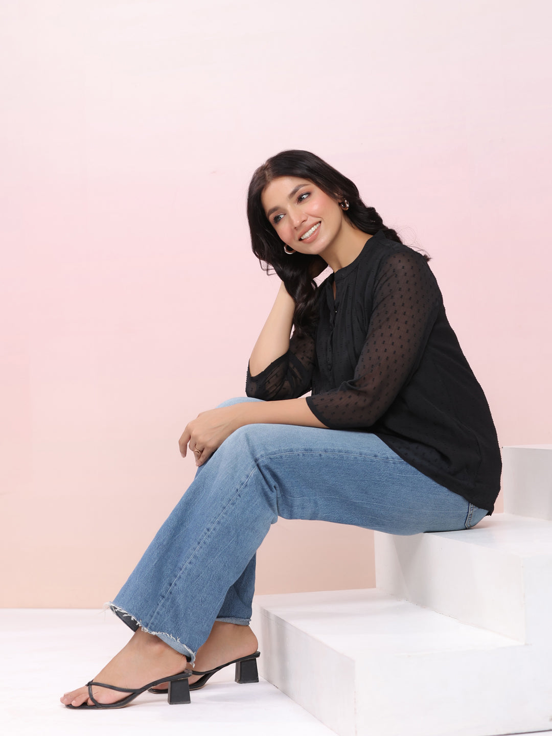 Janasya Dark Dobby Chiffon Solid Regular Top 