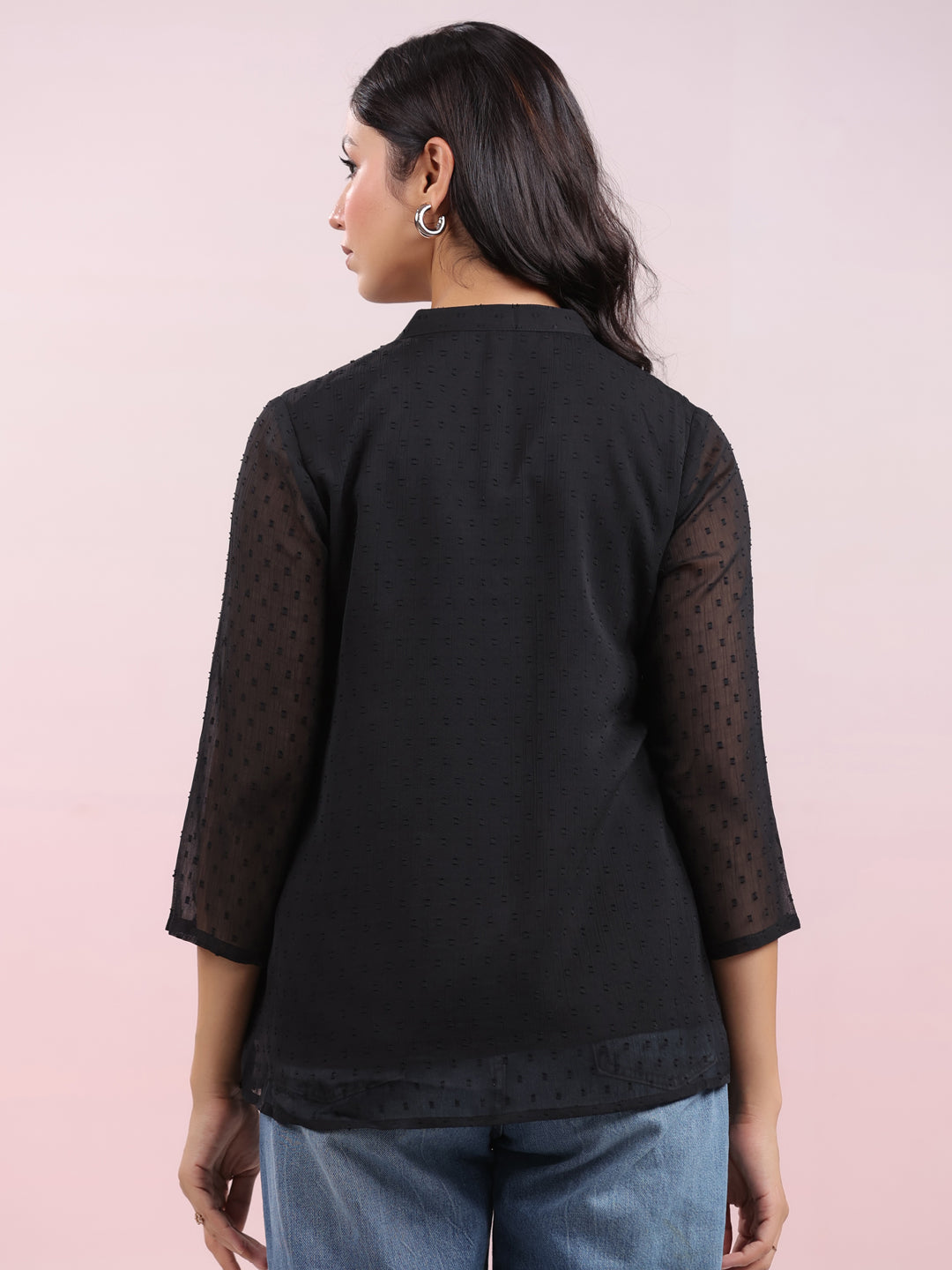 Janasya Dark Dobby Chiffon Solid Regular Top 