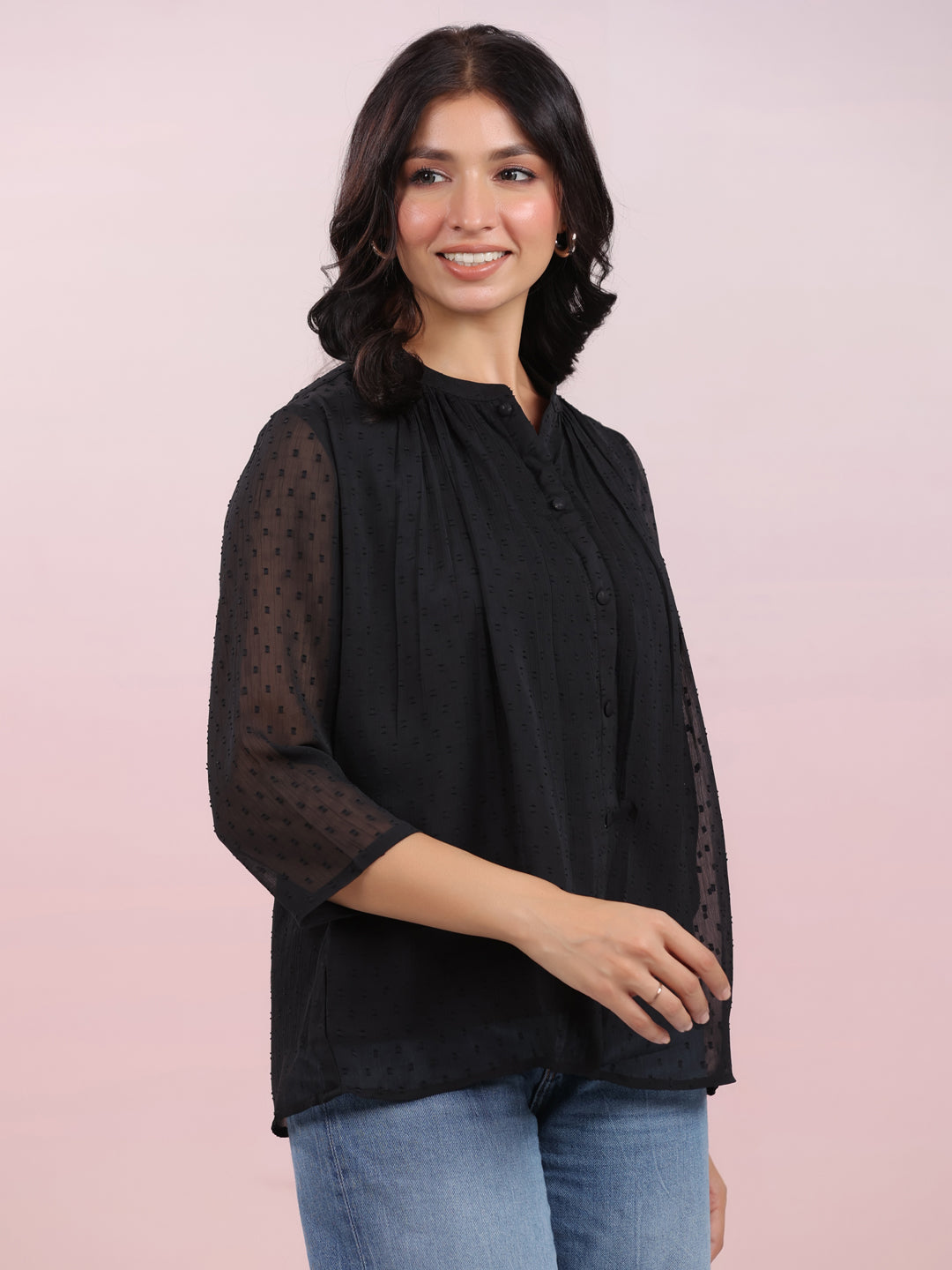 Janasya Dark Dobby Chiffon Solid Regular Top 
