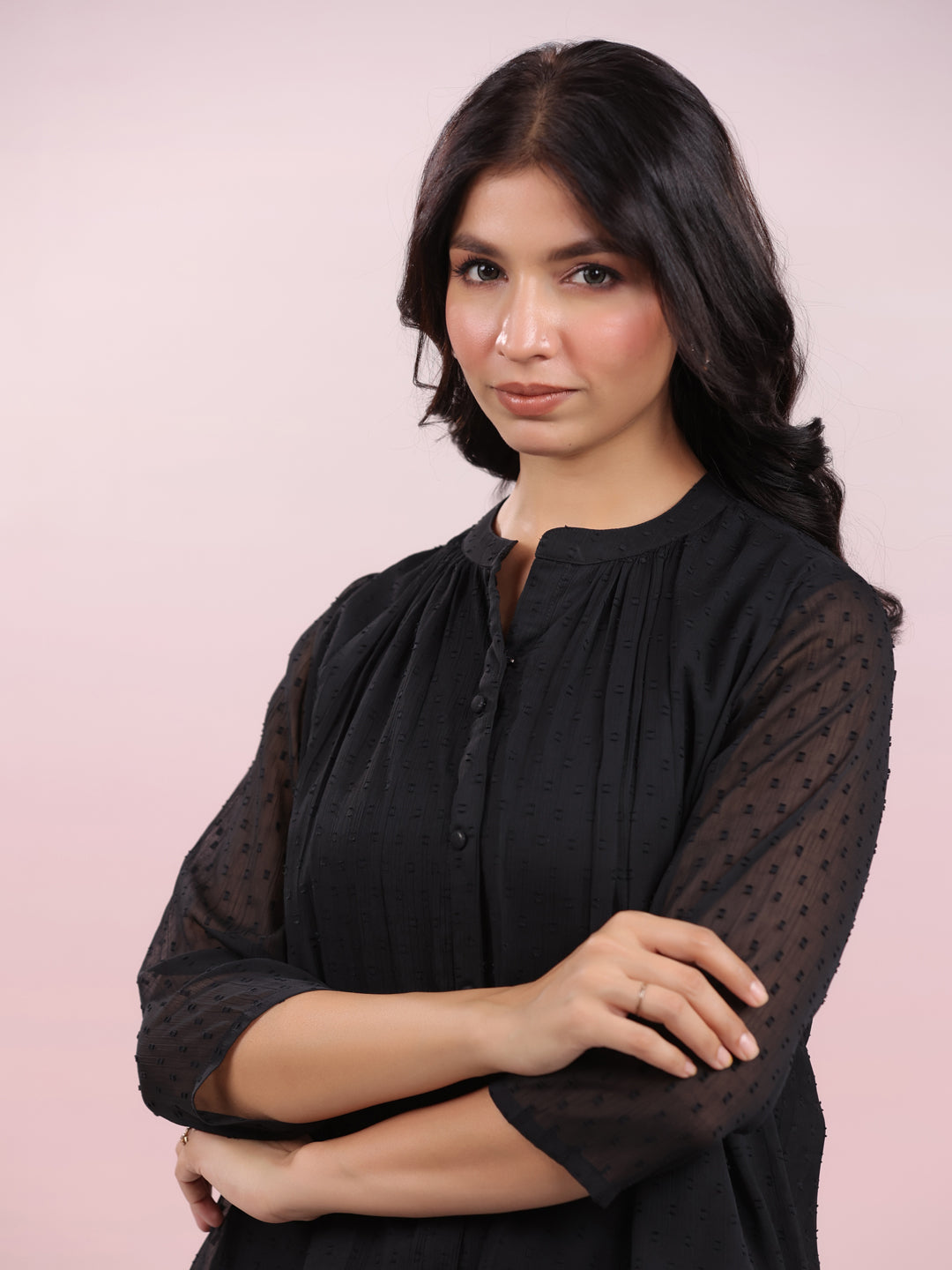 Janasya Dark Dobby Chiffon Solid Regular Top 
