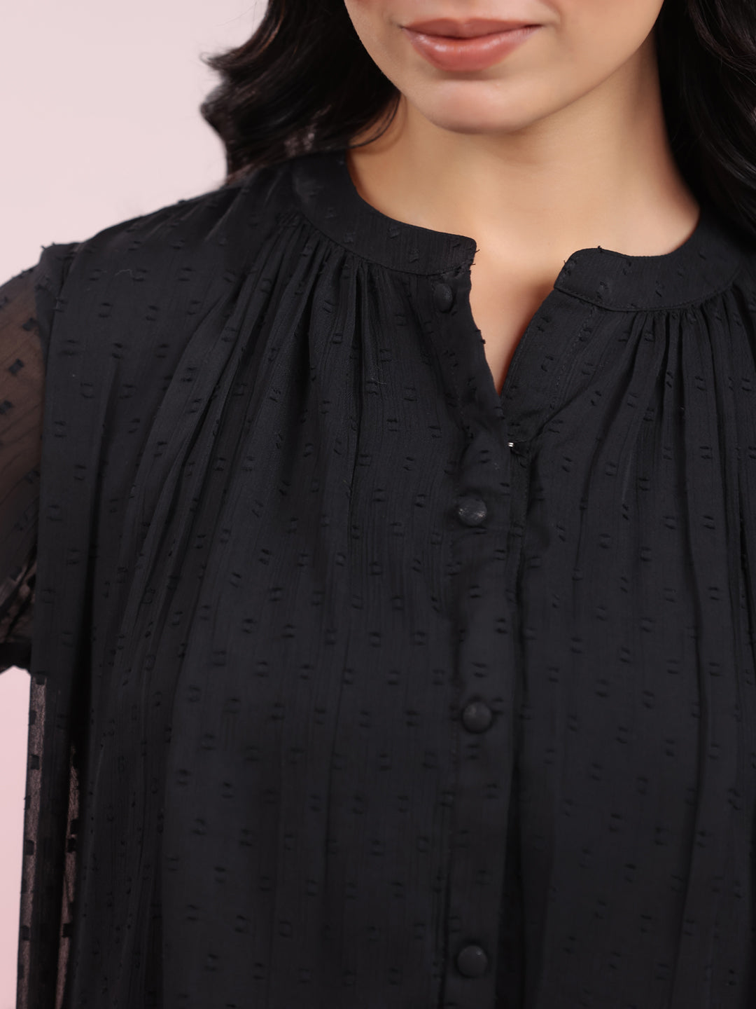 Janasya Dark Dobby Chiffon Solid Regular Top 