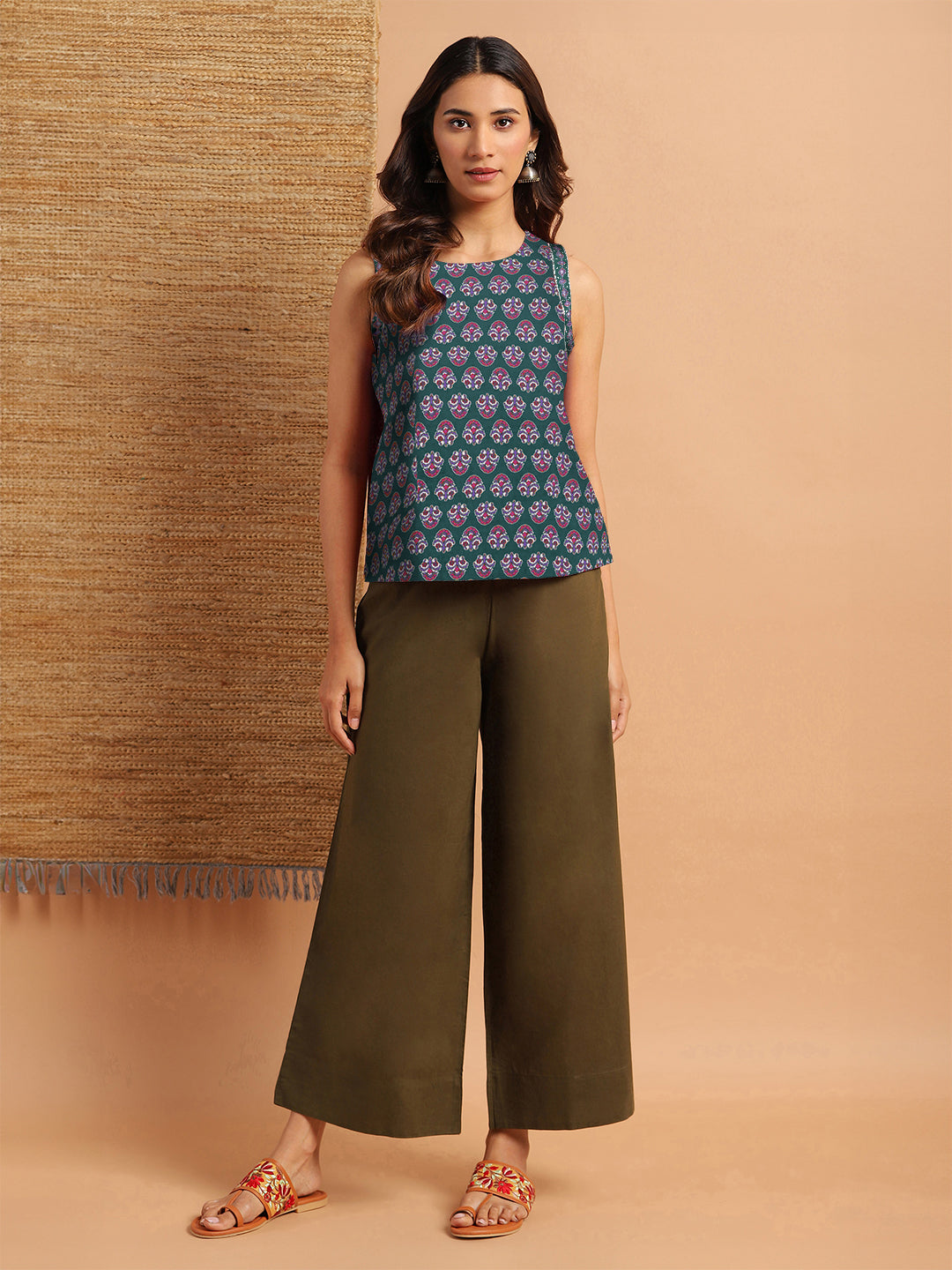 Janasya Dark Cotton Floral Regular Top 