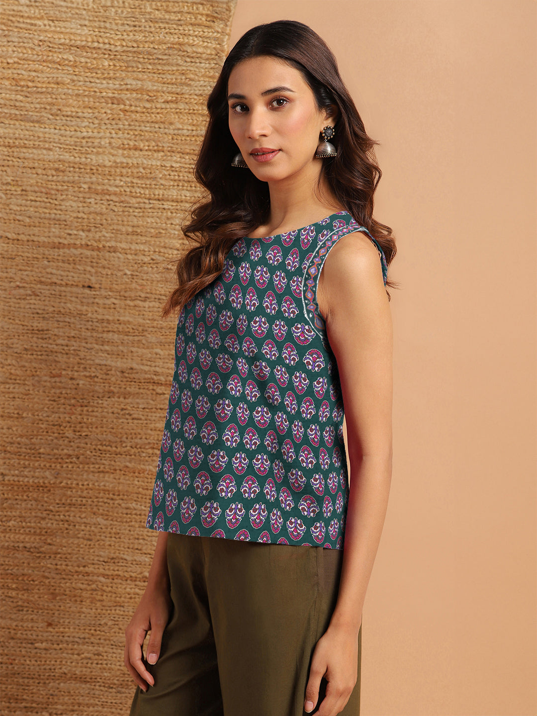Janasya Dark Cotton Floral Regular Top 