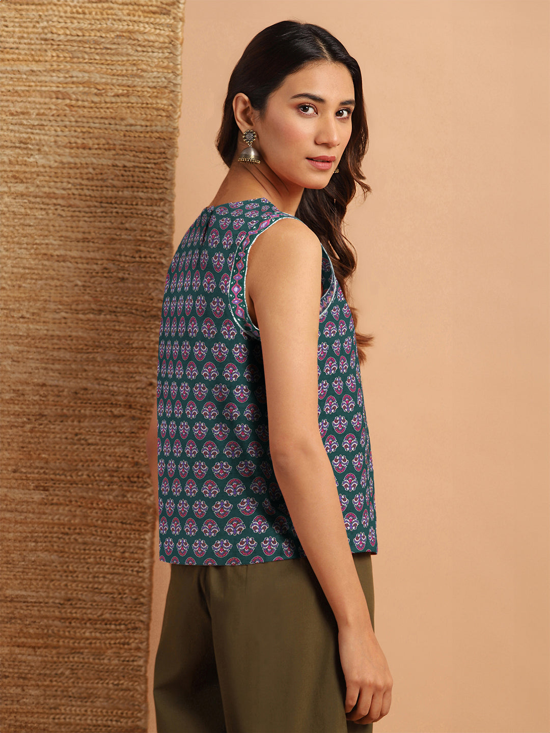 Janasya Dark Cotton Floral Regular Top 