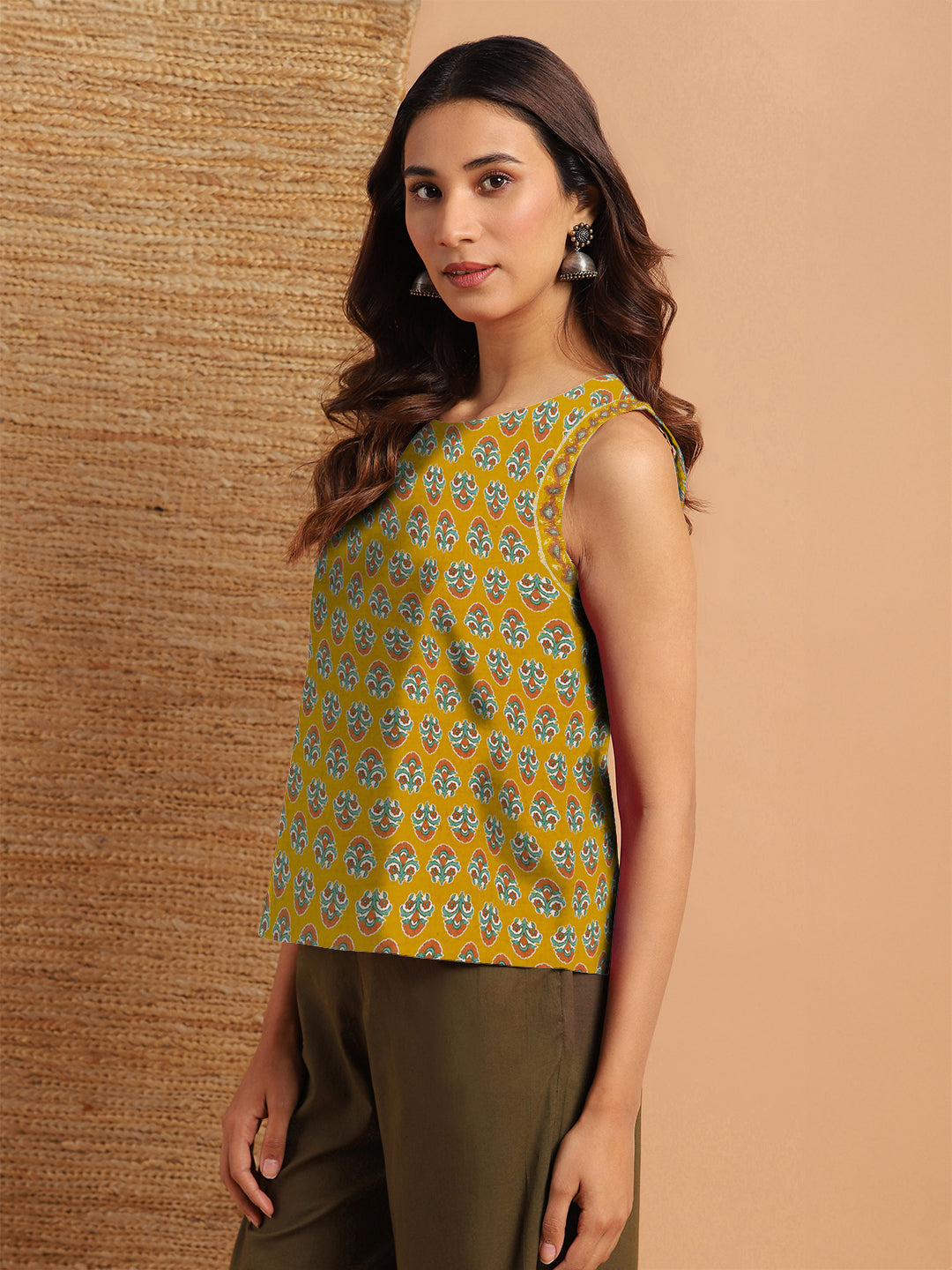 Janasya Dark Cotton Floral Straight Top 