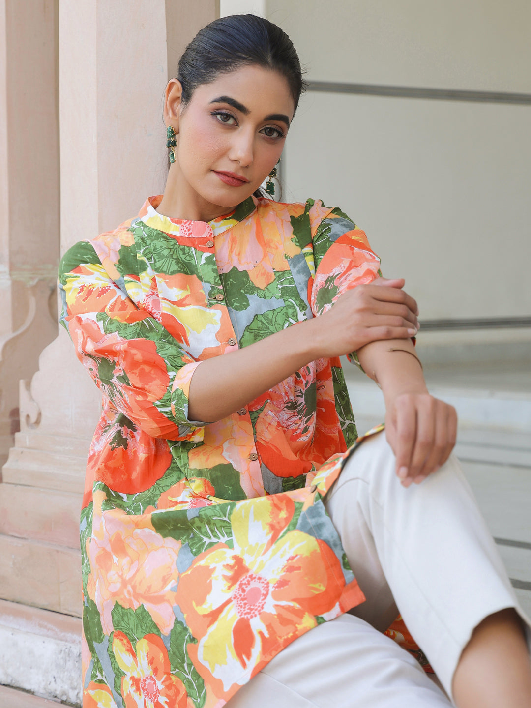 Janasya Bright Cotton Floral A-Line Tunic 