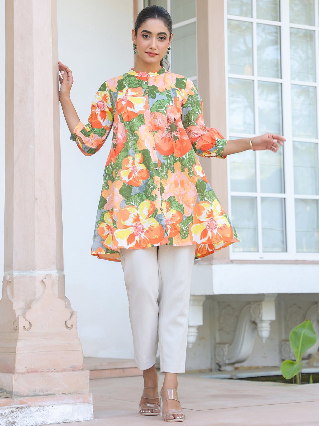 Janasya Bright Cotton Floral A-Line Tunic 
