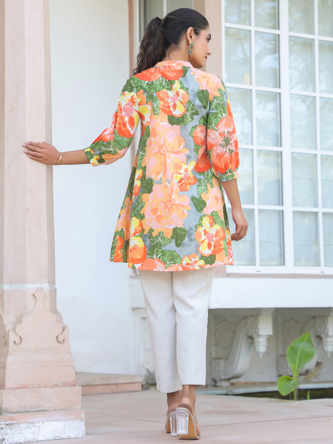 Janasya Bright Cotton Floral A-Line Tunic 