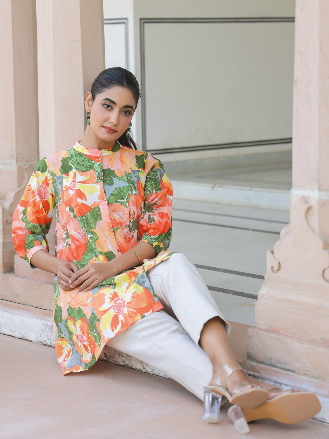 Janasya Bright Cotton Floral A-Line Tunic 