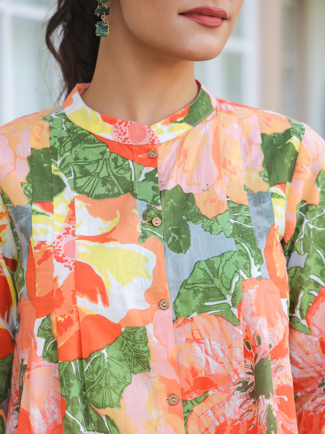 Janasya Bright Cotton Floral A-Line Tunic 