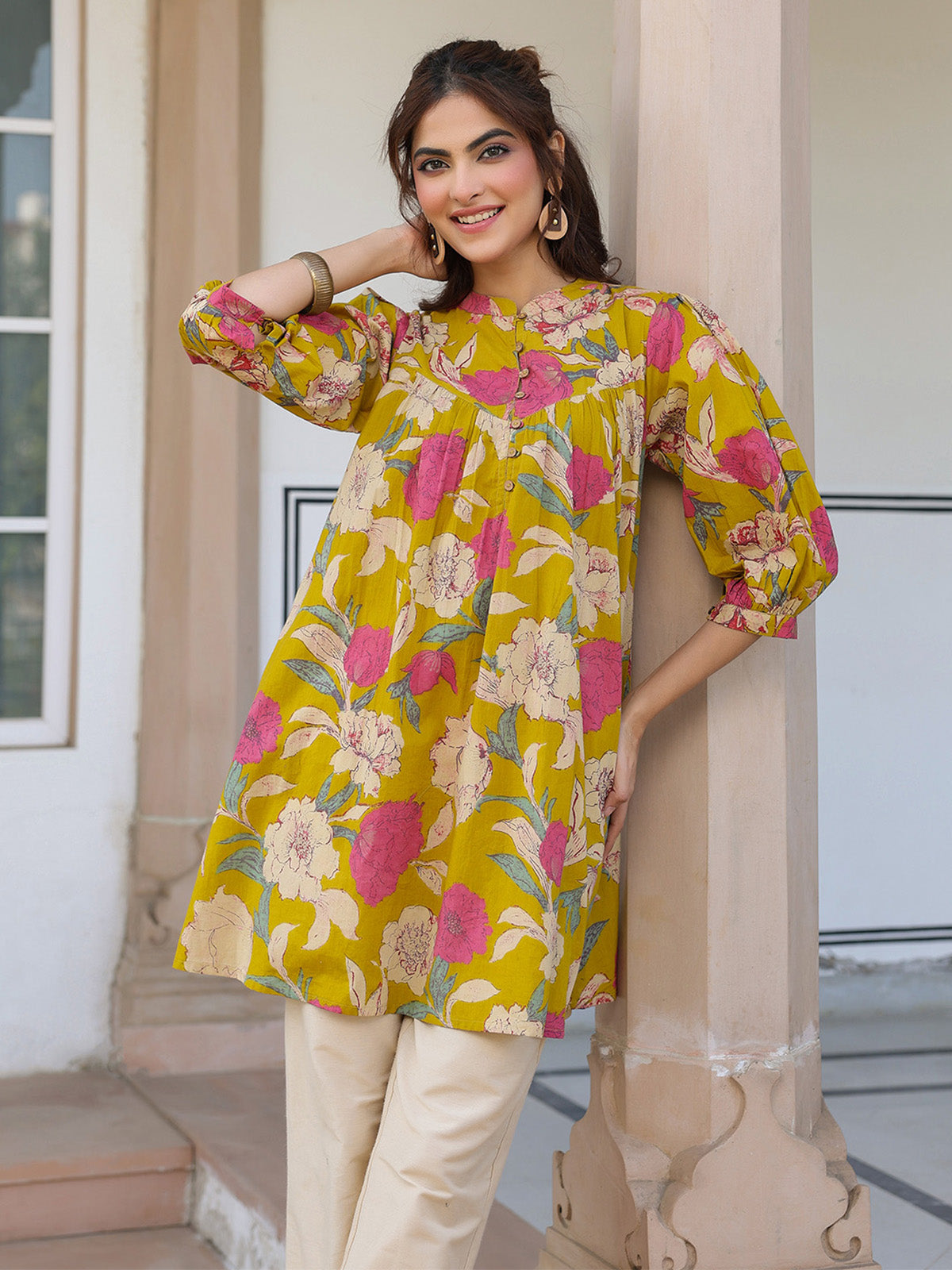 Janasya Bright Cotton Floral A-Line Tunic 